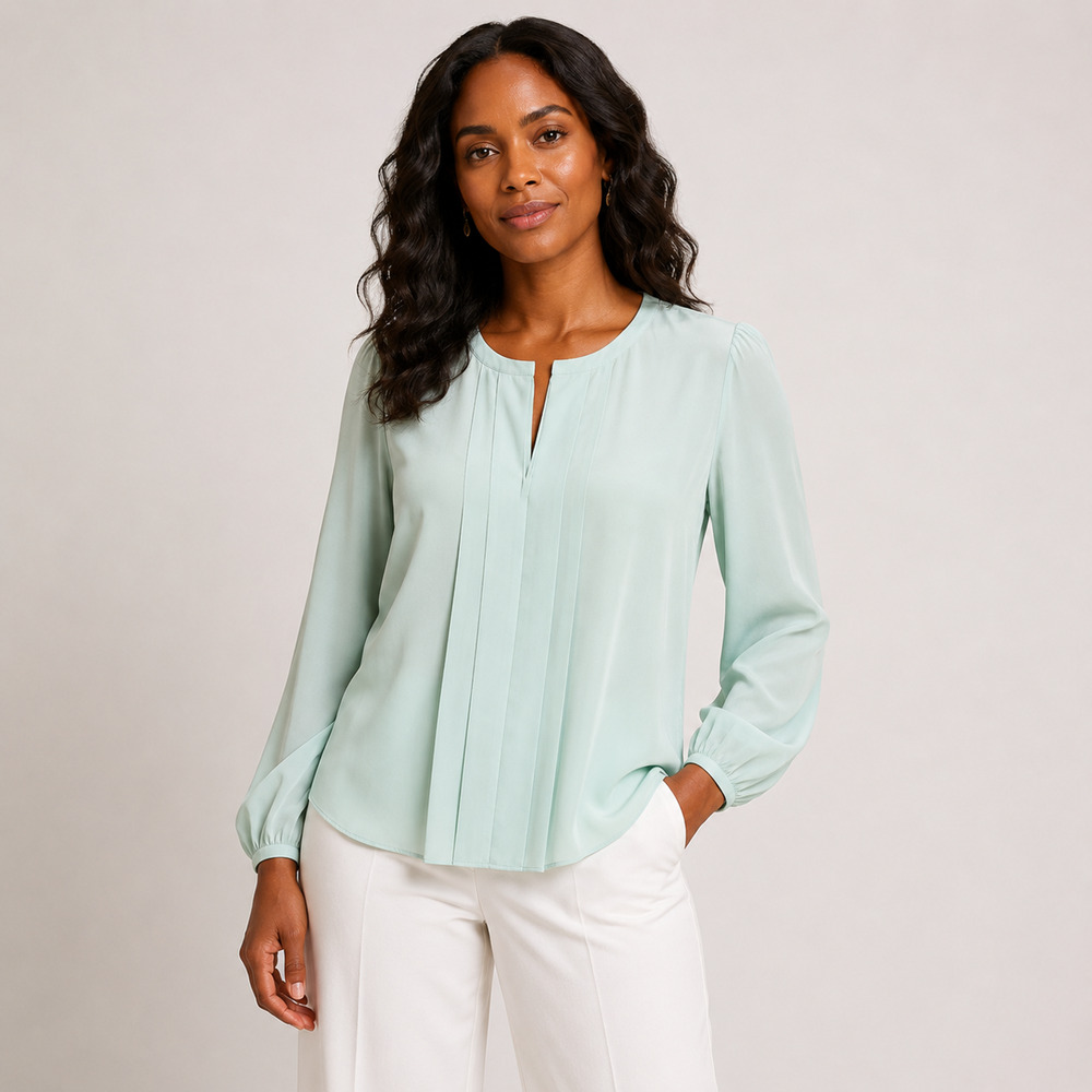 Lafayette 148 New York Silk Blouse M Mint Pleated Slit Neck Long Sleeve